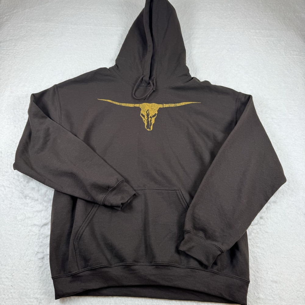 Brooks & Dunn Hoodie Mens Size L Brown Longhorn Skull Fleece Pullover Western